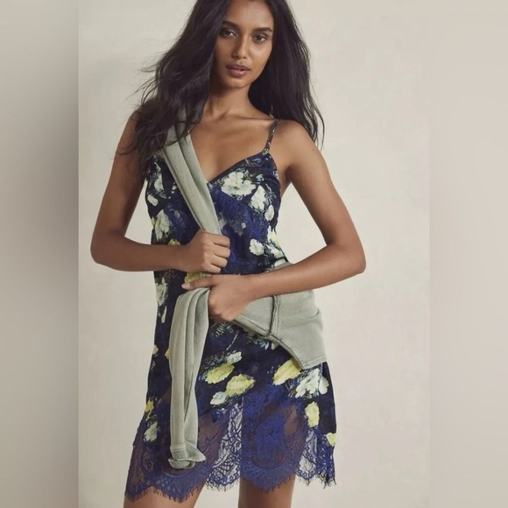 Free People Navy Floral Lace Slip Dress with Yellow and White Accents